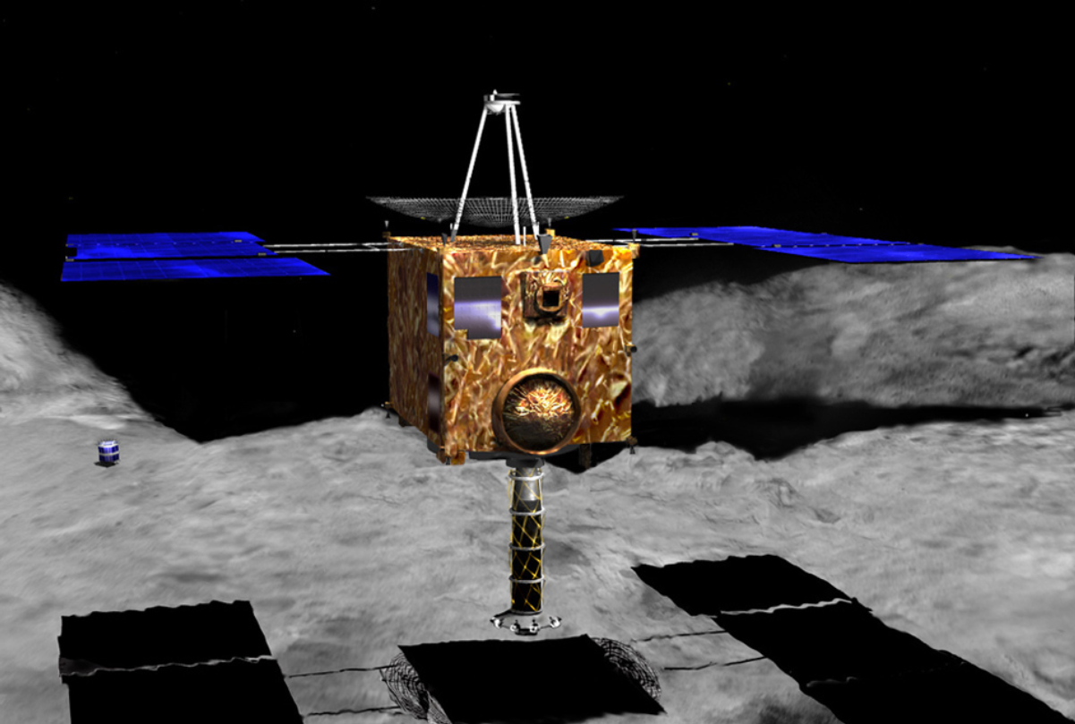 An artist's rendering of <i>Hayabusa</i> above Itokawa's surface