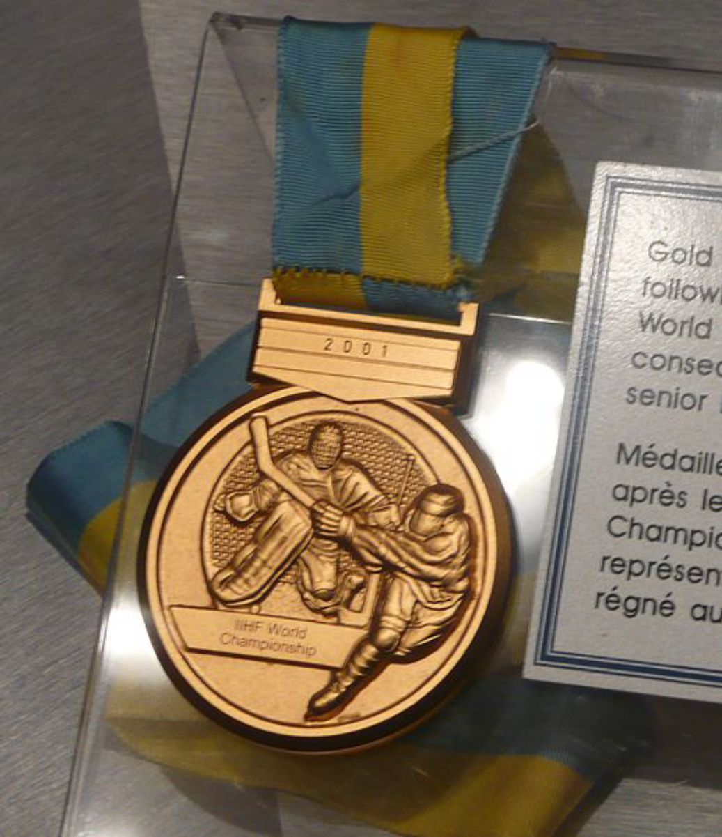A gold medal awarded at the <a href="/content/2001_Men%27s_World_Ice_Hockey_Championships" style="color:blue">2001 Championships</a>