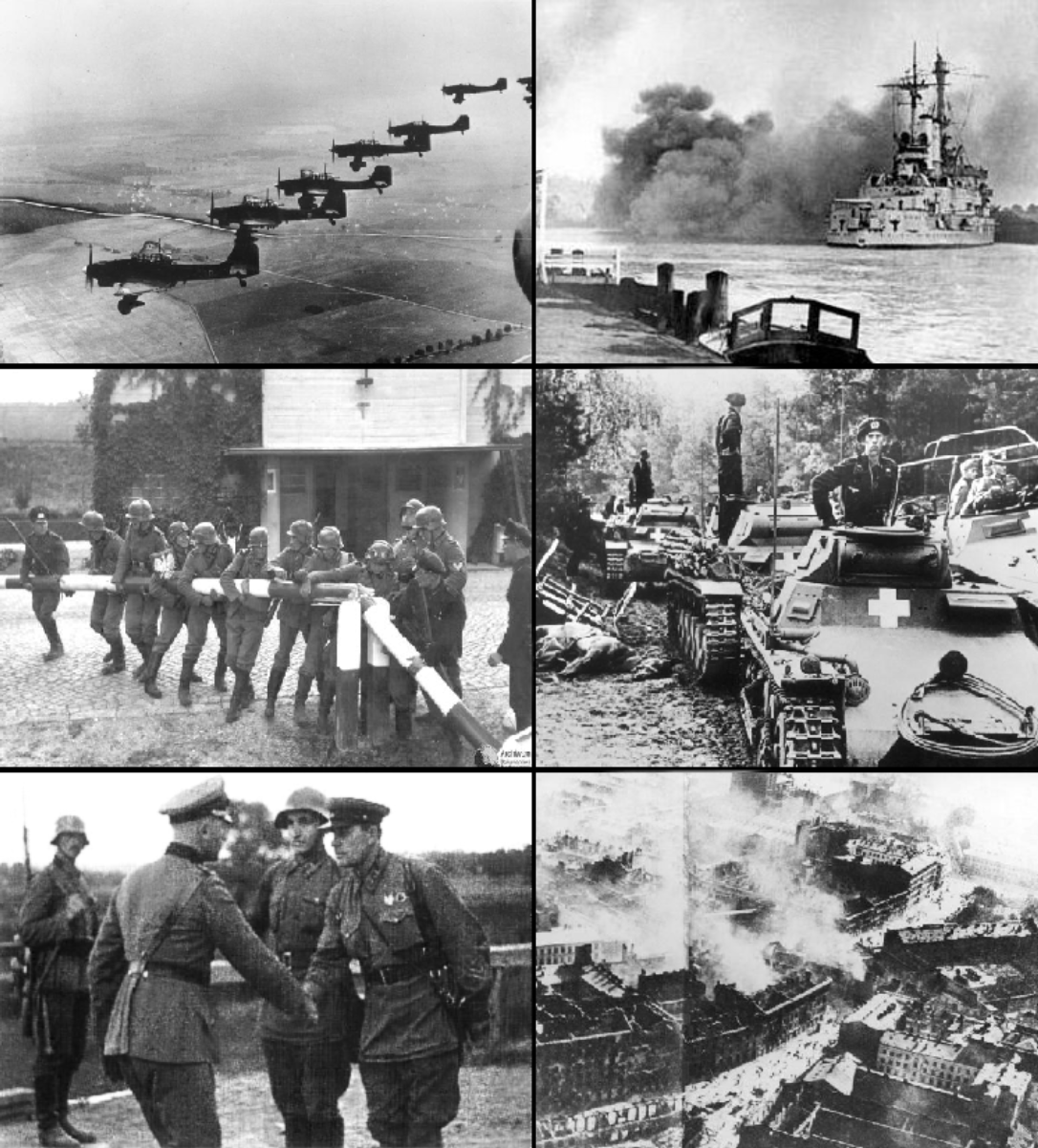 From left to right: <a href="/content/Luftwaffe" style="color:blue">Luftwaffe</a> bombers over Poland, <a href="/content/SMS_Schleswig-Holstein" style="color:blue"><i>Schleswig-Holstein</i></a> attacking the <a href="/content/Westerplatte" style="color:blue">Westerplatte</a>, <a href="/content/Wehrmacht" style="color:blue">Wehrmacht</a> soldiers destroying the Polish-German border post, German tank and armored car formation, German and Soviet troops shaking hands following the invasion, <a href="/content/Bombing_of_Warsaw" style="color:blue">Bombing of Warsaw</a>.