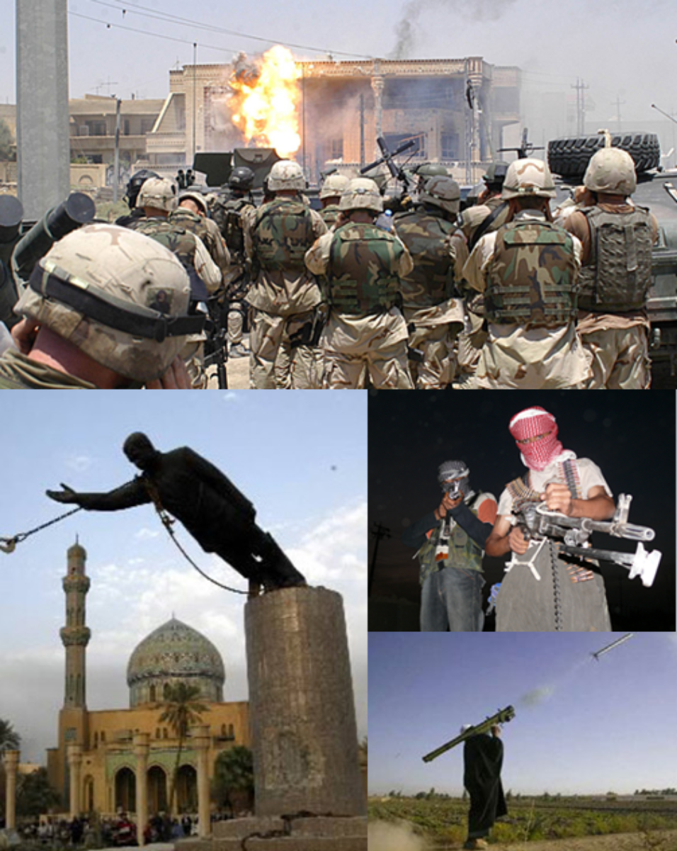 <b>Clockwise from top</b>: U.S. troops at Uday and Qusay Hussein's hideout; insurgents in northern Iraq; an Iraqi insurgent firing a <a href="/content/MANPADS" style="color:blue">MANPADS</a>; the toppling of the <a href="/content/Saddam_Hussein" style="color:blue">Saddam Hussein</a> statue in <a href="/content/Firdos_Square" style="color:blue">Firdos Square</a>