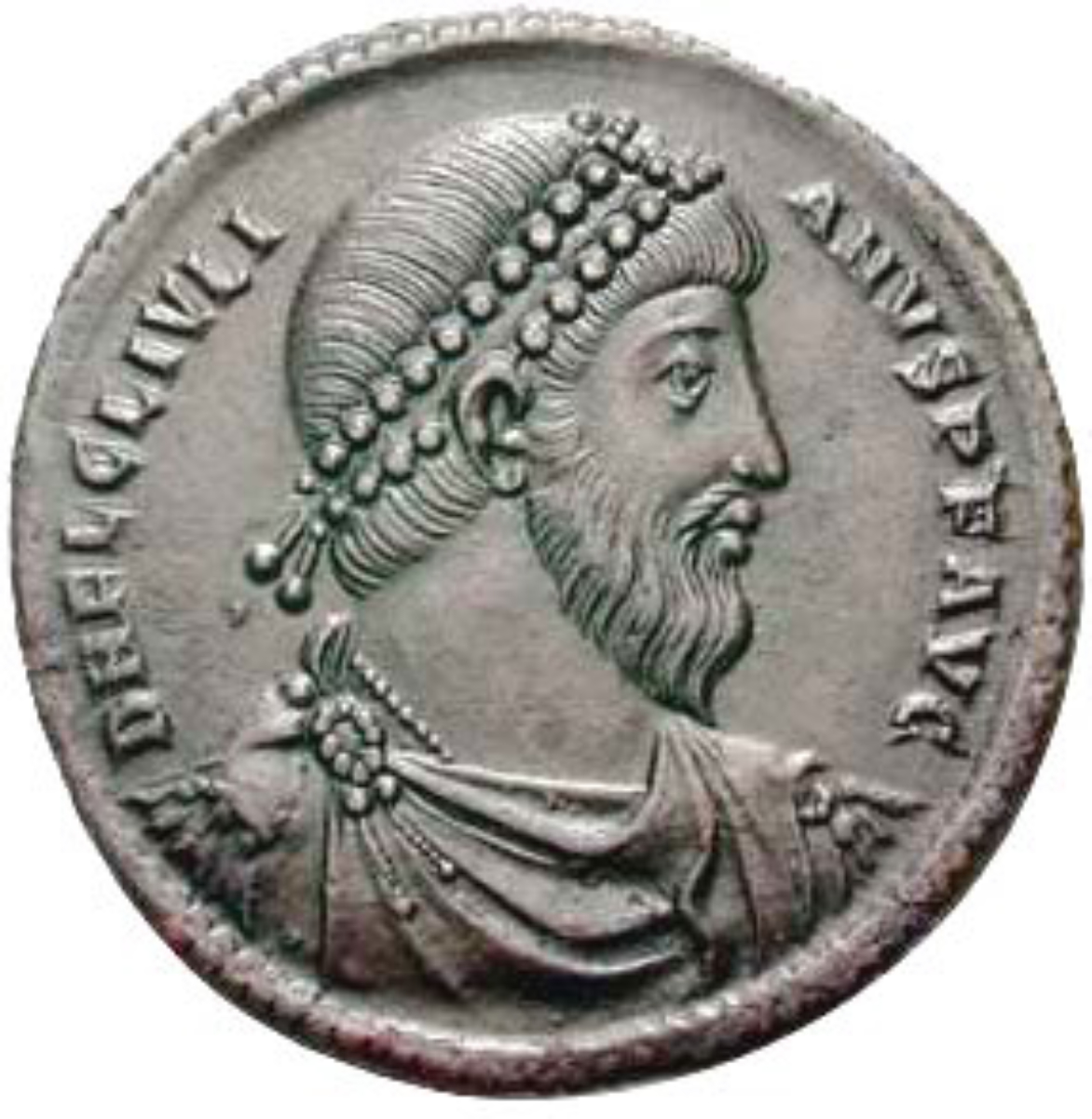 Portrait of Emperor Julian on a bronze coin from <a href="/content/Antioch" style="color:blue">Antioch</a> minted in 360–363