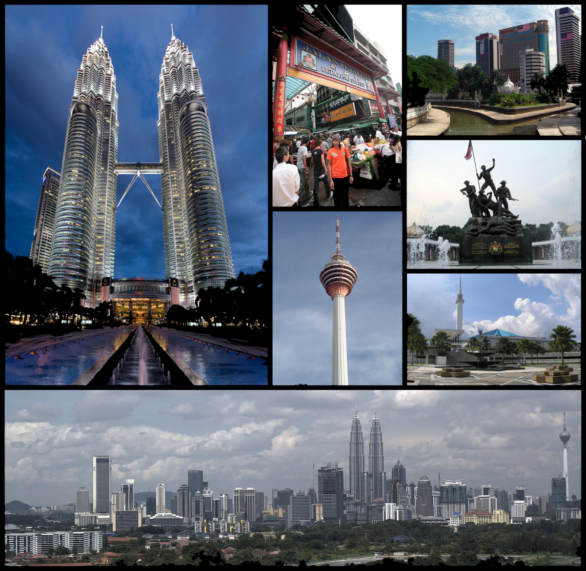 Clockwise from top left: <a href="/content/Petronas_Towers" style="color:blue">Petronas Towers</a>, <a href="/content/Petaling_Street" style="color:blue">Petaling Street</a>, <a href="/content/Jamek_Mosque" style="color:blue">Jamek Mosque</a> and <a href="/content/Gombak_River" style="color:blue">Gombak</a>/<a href="/content/Klang_River" style="color:blue">Klang River</a> confluence, <a href="/content/National_Monument_(Malaysia)" style="color:blue">National Monument</a>, <a href="/content/National_Mosque_of_Malaysia" style="color:blue">National Mosque</a>, skyline of Kuala Lumpur. Centre: <a href="/content/Kuala_Lumpur_Tower" style="color:blue">Kuala Lumpur Tower</a>