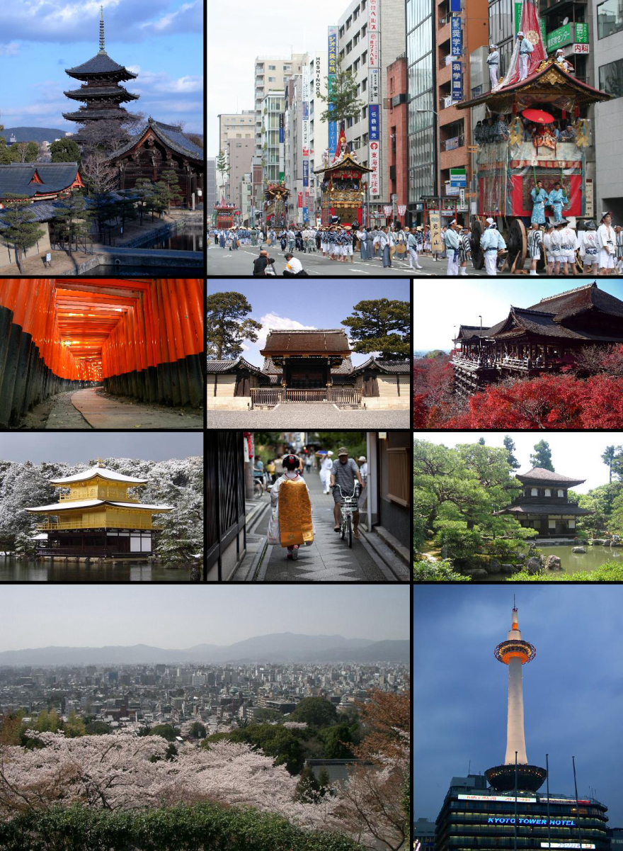 From top left: <a href="/content/T%C5%8D-ji" style="color:blue">Tō-ji</a>, <a href="/content/Gion_Matsuri" style="color:blue">Gion Matsuri</a> in modern Kyoto, <a href="/content/Fushimi_Inari-taisha" style="color:blue">Fushimi Inari-taisha</a>, <a href="/content/Kyoto_Imperial_Palace" style="color:blue">Kyoto Imperial Palace</a>, <a href="/content/Kiyomizu-dera" style="color:blue">Kiyomizu-dera</a>, <a href="/content/Kinkaku-ji" style="color:blue">Kinkaku-ji</a>, <a href="/content/Ponto-ch%C5%8D" style="color:blue">Ponto-chō</a> and <a href="/content/Maiko" style="color:blue">Maiko</a>, <a href="/content/Ginkaku-ji" style="color:blue">Ginkaku-ji</a>, Cityscape from Higashiyama and <a href="/content/Kyoto_Tower" style="color:blue">Kyoto Tower</a>
