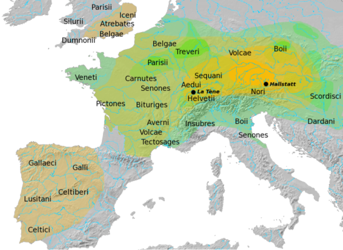 Overview of the <a href="/content/Hallstatt_culture" style="color:blue">Hallstatt</a> and La Tène cultures. The core Hallstatt territory (800 BCE) is shown in solid yellow, the area of influence by 500 BCE (HaD) in light yellow. The core territory of the La Tène culture (450 BCE) is shown in solid green, the eventual area of La Tène influence by 50 BCE in light green. The territories of some major <a href="/content/Celtic_tribes" style="color:blue">Celtic tribes</a> are labelled. Map drawn after <i>Atlas of the Celtic World</i>, by John Haywood (2001: 30–37).