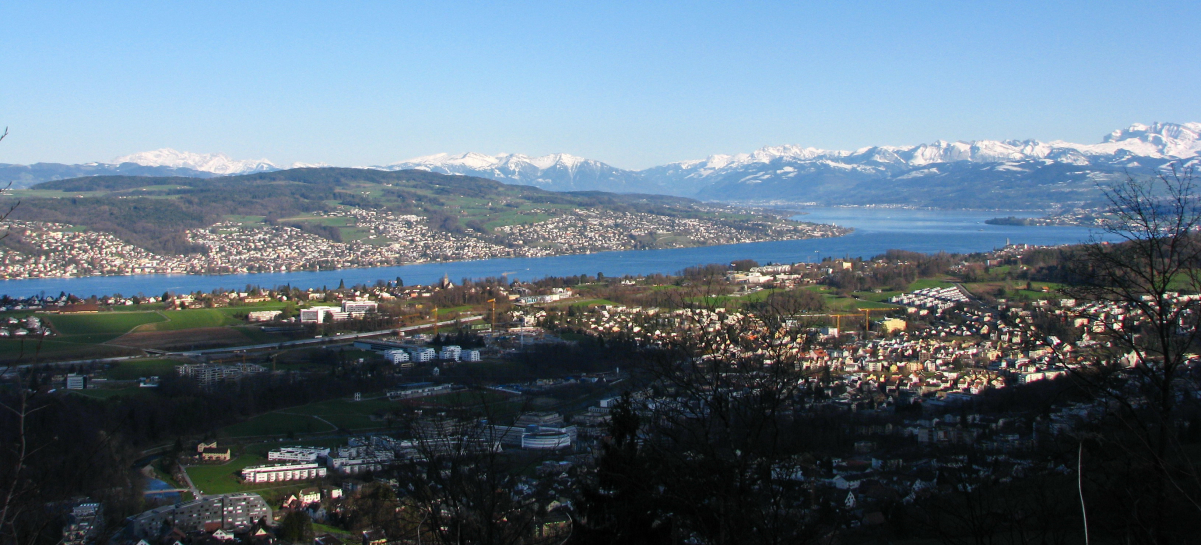 Lake Zürich, <a href="/content/Pfannenstiel_(Z%C3%BCrich)" style="color:blue">Pfannenstiel</a> and <a href="/content/Sihl_Valley" style="color:blue">Sihl Valley</a>, as seen from nearby <a href="/content/Felsenegg" style="color:blue">Felsenegg</a> (April 2010)
