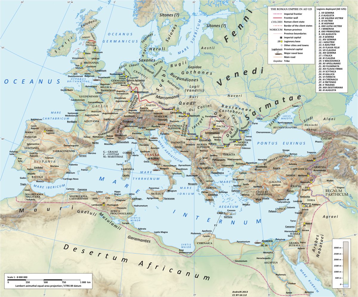 Map of the Roman empire in AD 125, under emperor <a href="/content/Hadrian" style="color:blue">Hadrian</a>, showing the <b>Legio XII Fulminata</b>, stationed at <a href="/content/Melitene" style="color:blue">Melitene</a> (Malatya, Turkey), in <a href="/content/Cappadocia" style="color:blue">Cappadocia</a> province, from AD 71 until the 4th century