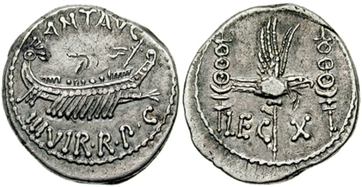 <a href="/content/Denarius" style="color:blue">Denarius</a> issued by <a href="/content/Mark_Antony" style="color:blue">Mark Antony</a> celebrating Legio X