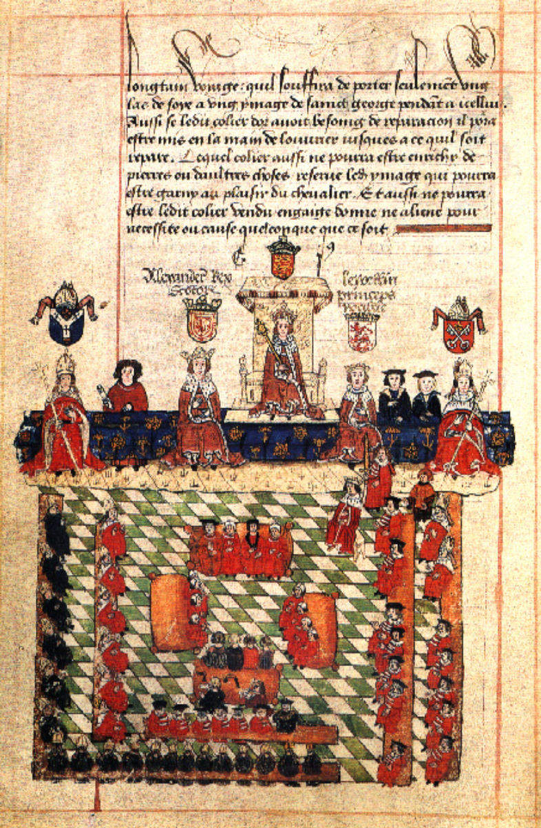 A 16th-century depiction of the <a href="/content/Parliament_of_England" style="color:blue">parliament of England</a> in session, with <a href="/content/Edward_I_of_England" style="color:blue">King Edward I</a> presiding