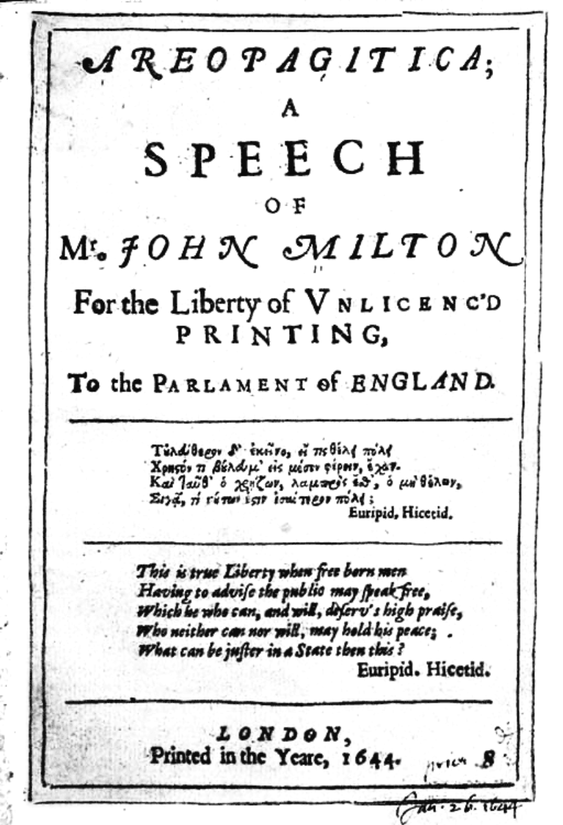 <a href="/content/John_Milton" style="color:blue">John Milton</a>'s <i><a href="/content/Areopagitica" style="color:blue">Areopagitica</a></i> (1644) argued for the importance of <a href="/content/Freedom_of_speech" style="color:blue">freedom of speech</a>
