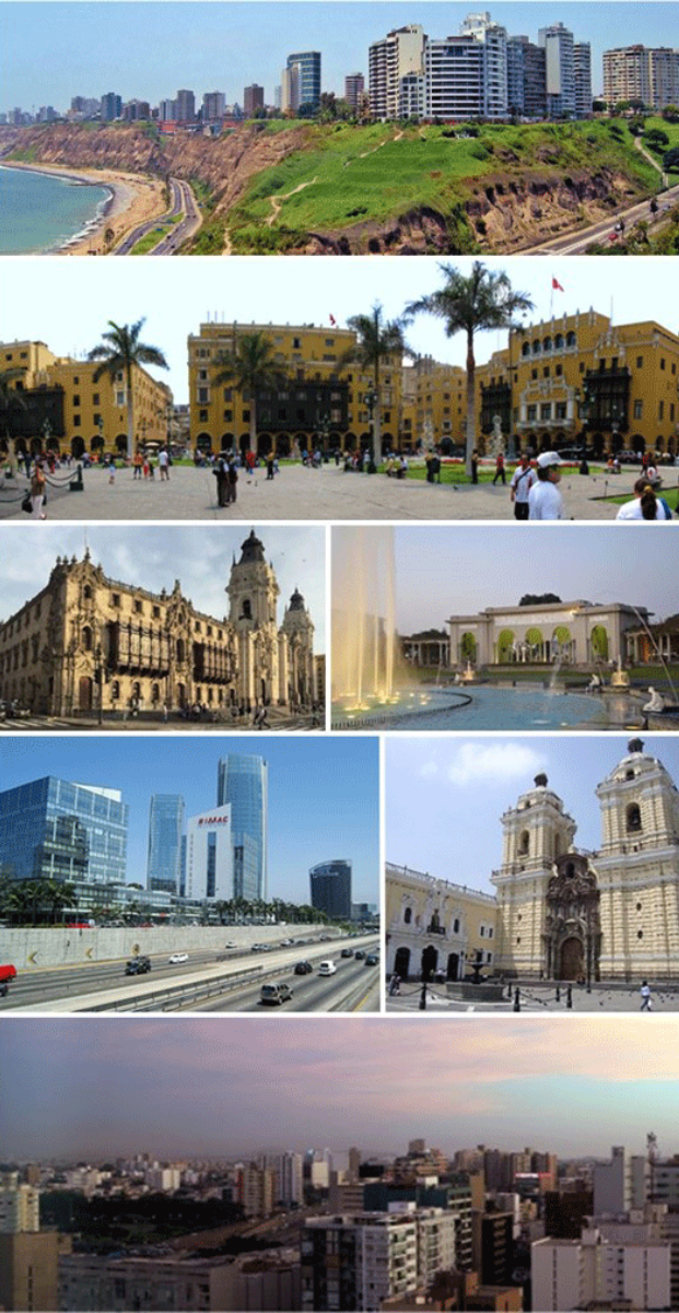 <b>From top, left to right:</b> Costa Verde (<a href="/content/Miraflores_District,_Lima" style="color:blue">Miraflores District</a>), <a href="/content/Plaza_Mayor,_Lima" style="color:blue">Plaza Mayor of Lima</a>, <a href="/content/Cathedral_Basilica_of_St._John_the_Apostle_and_Evangelist,_Lima" style="color:blue">Cathedral of Lima</a>, <a href="/content/Park_of_the_Reserve" style="color:blue">Park of the Reserve</a>, Skyline of the <a href="/content/San_Isidro_District,_Lima" style="color:blue">San Isidro District</a>, <a href="/content/Monastery_of_San_Francisco,_Lima" style="color:blue">Monastery of San Francisco</a>, Skyline of the city of Lima