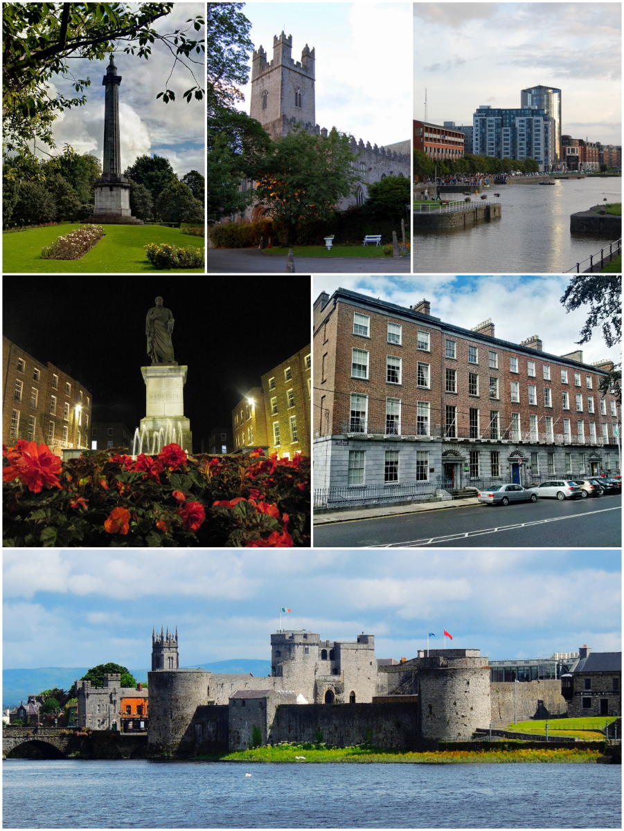 From top, left to right: <a href="/content/People%27s_Park,_Limerick" style="color:blue">People's Park</a>, <a href="/content/St_Mary%27s_Cathedral,_Limerick" style="color:blue">St. Mary's Cathedral</a>, <a href="/content/Clarion_Hotel,_Limerick" style="color:blue">Riverpoint</a>, <a href="/content/Daniel_O%27Connell" style="color:blue">Daniel O'Connell</a> Monument, Georgian architecture at <a href="/content/Pery_Square" style="color:blue">Pery Square</a>, <a href="/content/King_John%27s_Castle_(Limerick)" style="color:blue">King John's Castle</a>