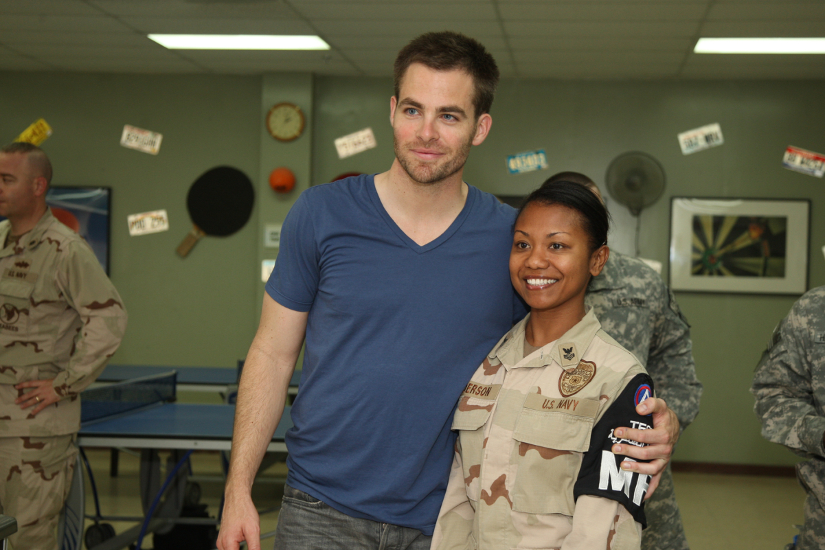 Chris Pine poses for a photograph at Camp Arifjan, Kuwait following a screening of Star Trek.
