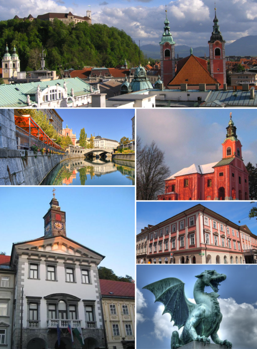 Clockwise from top: <a href="/content/Ljubljana_Castle" style="color:blue">Ljubljana Castle</a> in the background and <a href="/content/Franciscan_Church_of_the_Annunciation" style="color:blue">Franciscan Church of the Annunciation</a> in the foreground; <a href="/content/Visitation_of_Mary_Church_(Ljubljana)" style="color:blue">Visitation of Mary Church</a> on <a href="/content/Ro%C5%BEnik_Hill" style="color:blue">Rožnik Hill</a>; <a href="/content/Kazina_Palace" style="color:blue">Kazina Palace</a> at <a href="/content/Congress_Square" style="color:blue">Congress Square</a>; one of the Dragons on the <a href="/content/Dragon_Bridge_(Ljubljana)" style="color:blue">Dragon Bridge</a>; <a href="/content/Ljubljana_City_Hall" style="color:blue">Ljubljana City Hall</a>; <a href="/content/Ljubljanica" style="color:blue">Ljubljanica</a> with the <a href="/content/Triple_Bridge" style="color:blue">Triple Bridge</a> in distance