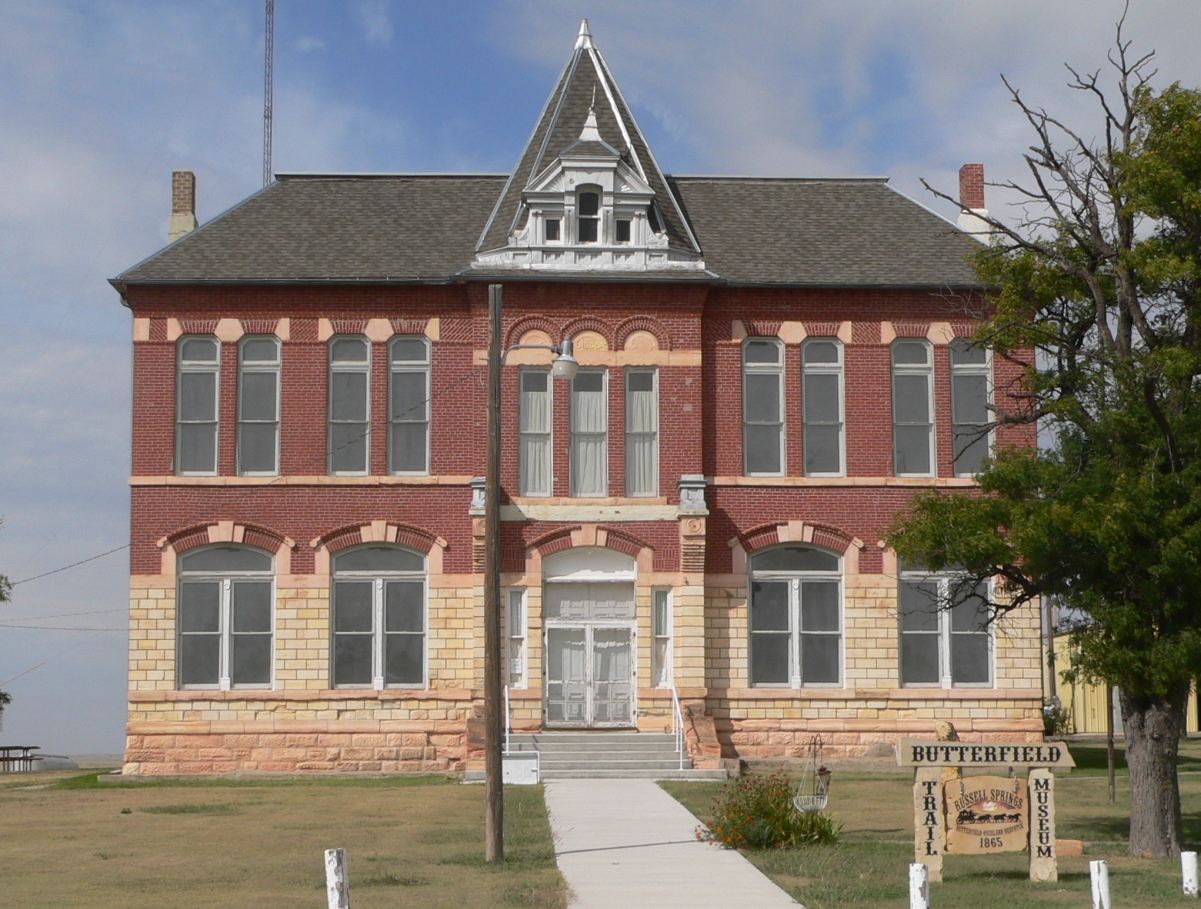 <a href="/content/Butterfield_Overland_Mail" style="color:blue">Butterfield Trail Museum</a>, formerly the <a href="/content/Old_Logan_County_Courthouse_(Russell_Springs,_Kansas)" style="color:blue">Logan County courthouse</a>, in <a href="/content/Russell_Springs,_Kansas" style="color:blue">Russell Springs, Kansas</a>.