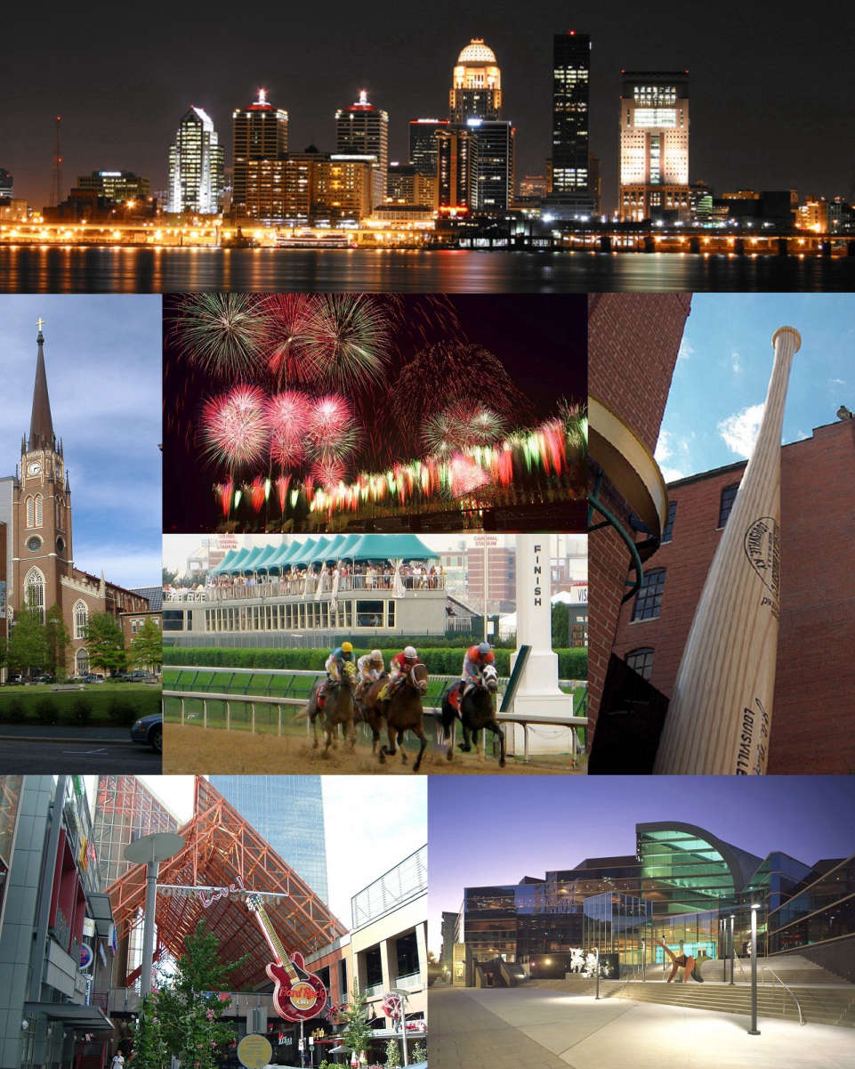 From top: <a href="/content/Downtown_Louisville" style="color:blue">Louisville downtown</a> skyline at night, <a href="/content/Cathedral_of_the_Assumption_(Louisville,_Kentucky)" style="color:blue">Cathedral of the Assumption</a>, <a href="/content/Thunder_Over_Louisville" style="color:blue">Thunder Over Louisville</a> fireworks during the <a href="/content/Kentucky_Derby_Festival" style="color:blue">Kentucky Derby Festival</a>, <a href="/content/Kentucky_Derby" style="color:blue">Kentucky Derby</a>, <a href="/content/Louisville_Slugger_Museum_%26_Factory" style="color:blue">Louisville Slugger Museum & Factory</a>, <a href="/content/Fourth_Street_Live!" style="color:blue">Fourth Street Live!</a>, <a href="/content/The_Kentucky_Center" style="color:blue">The Kentucky Center for the Performing Arts</a>