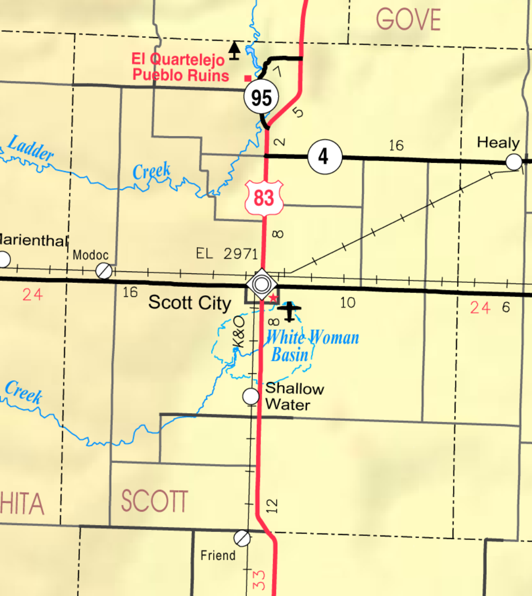 <a href="/content/Kansas_Department_of_Transportation" style="color:blue">KDOT</a> map of <a href="/content/Scott_County,_Kansas" style="color:blue">Scott County</a> (<a href="/content/File:Kansas_official_transportation_map_legend.png" style="color:blue">legend</a>)