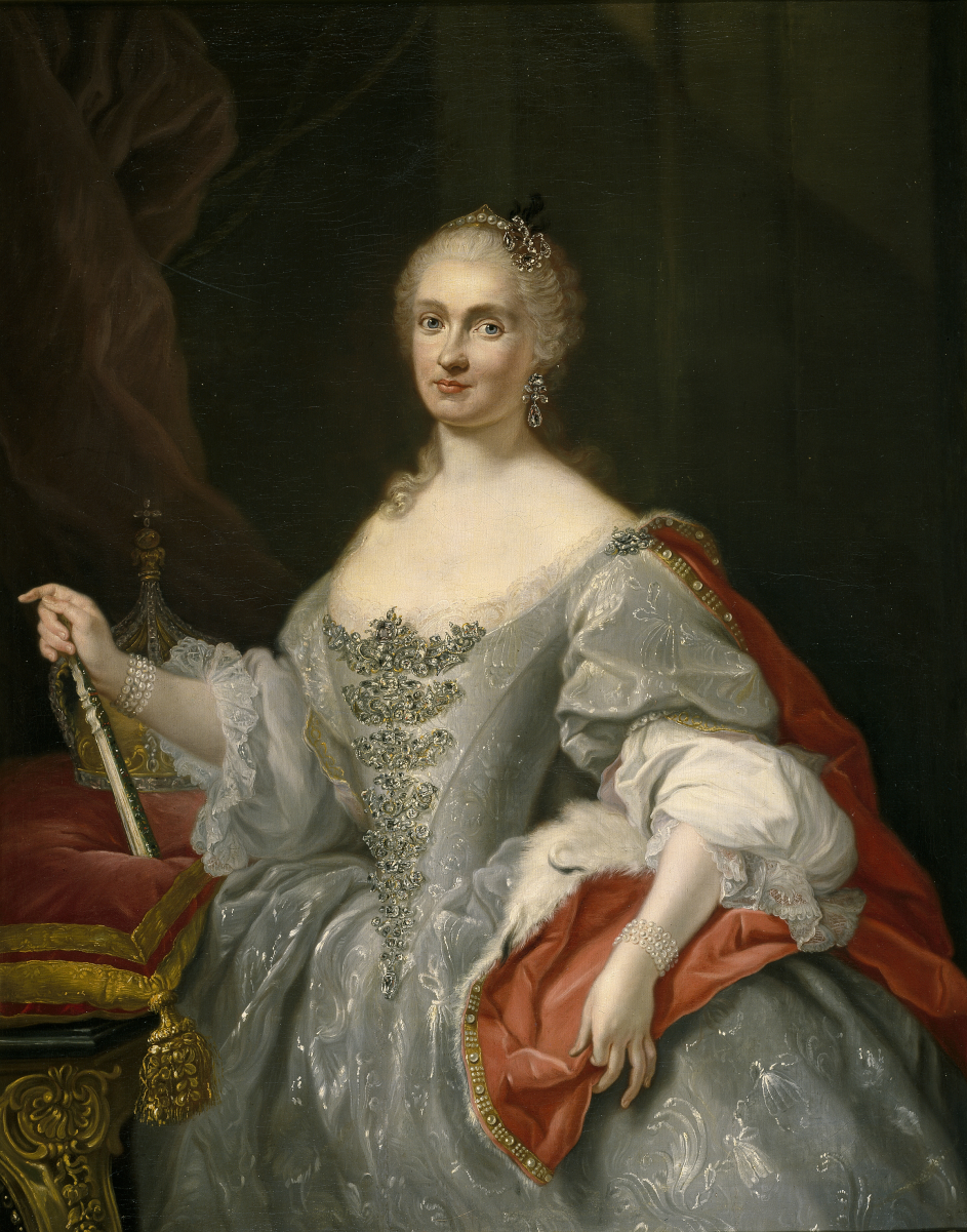 Maria Amalia overlooking the Neapolitan crown, by <a href="/content/Giuseppe_Bonito" style="color:blue">Giuseppe Bonito</a>, c. 1745.