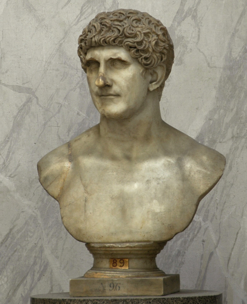 A <a href="/content/Roman_portraiture" style="color:blue">Roman marble portrait</a> bust of Mark Antony made during the <a href="/content/Flavian_dynasty" style="color:blue">Flavian dynasty</a> (69—96 AD), Rome, <a href="/content/Vatican_Museums" style="color:blue">Vatican Museums</a>, Chiaramonti Museum