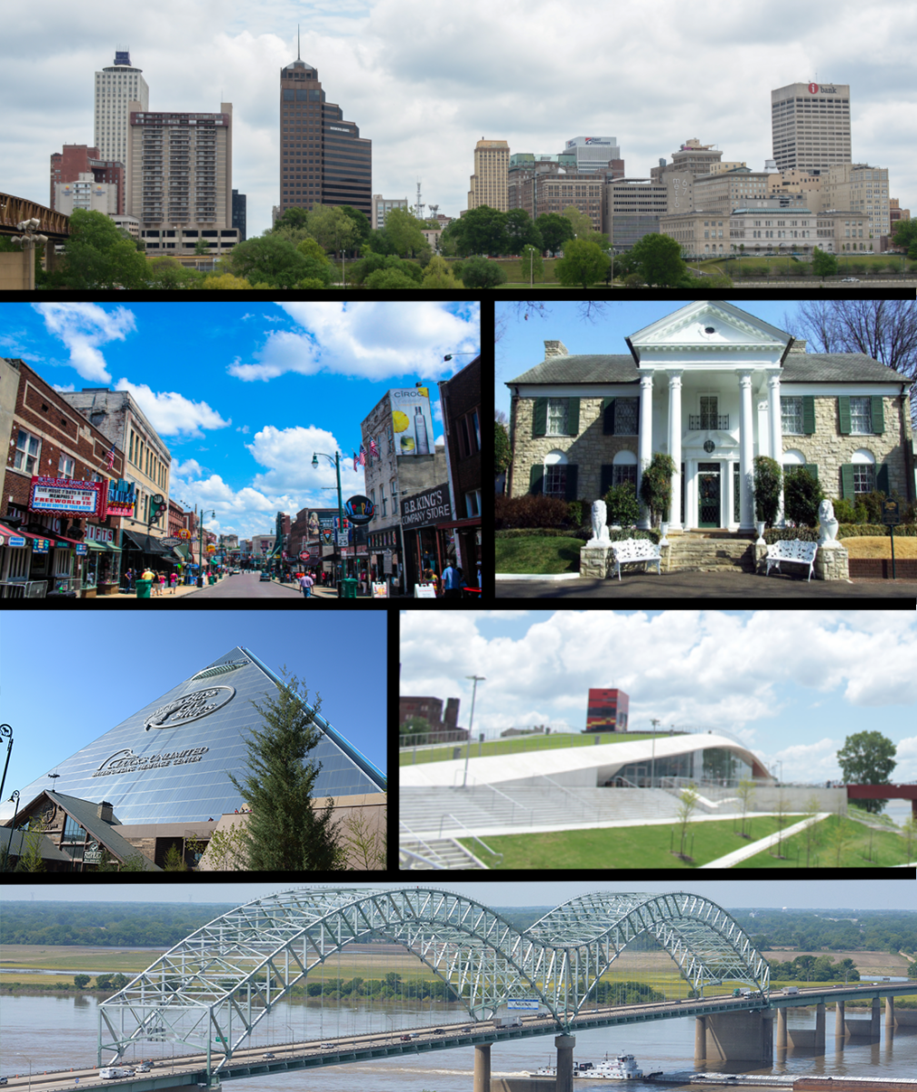 From top to bottom and left to right: <a href="/content/Downtown_Memphis" style="color:blue">Downtown Memphis</a> skyline, <a href="/content/Beale_Street" style="color:blue">Beale Street</a>, <a href="/content/Graceland" style="color:blue">Graceland</a>, <a href="/content/Memphis_Pyramid" style="color:blue">Memphis Pyramid</a>, Beale Street Landing, and the <a href="/content/Hernando_de_Soto_Bridge" style="color:blue">Hernando de Soto Bridge</a>