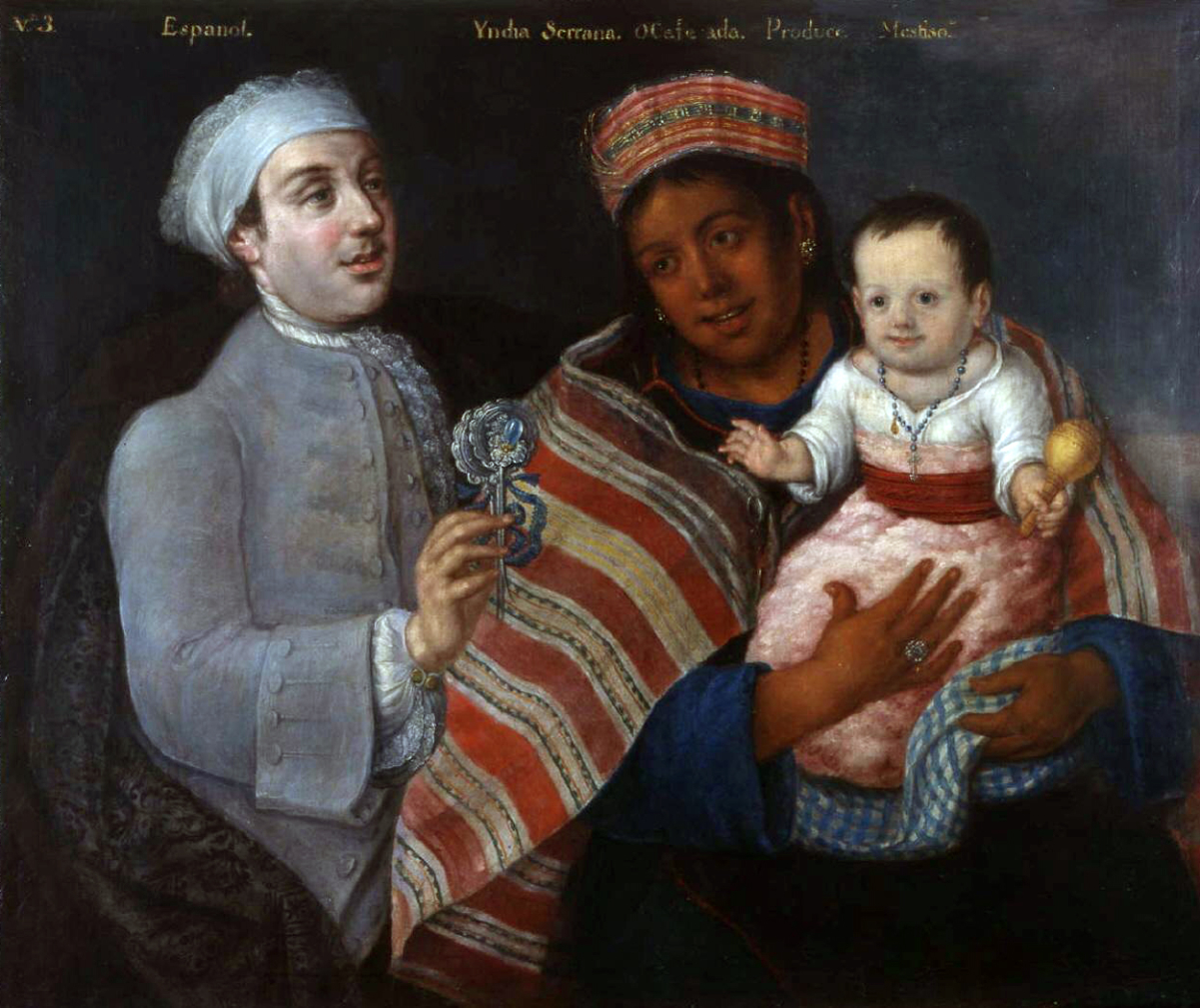 A <a href="/content/Casta" style="color:blue">casta</a> painting of a Spanish man and a Peruvian indigenous woman with a Mestizo child, 1770