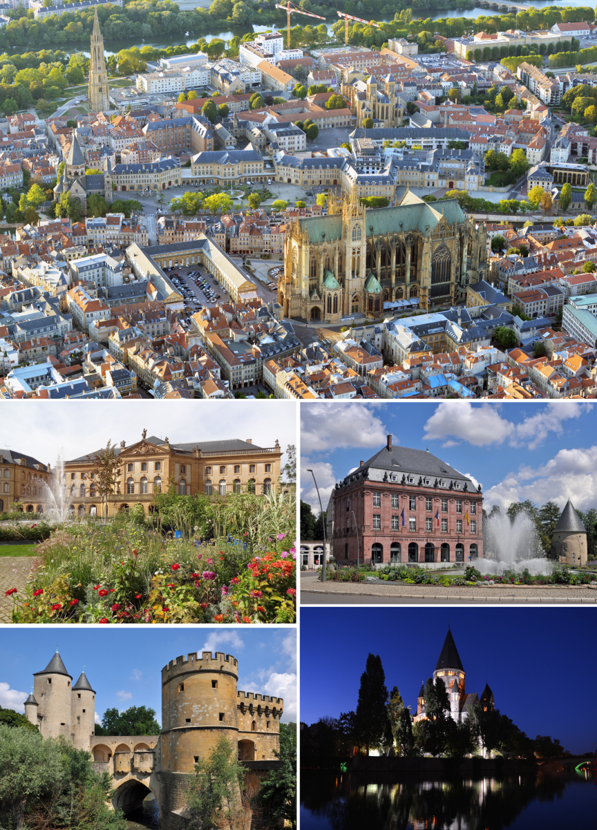 Clockwise from top: overview of city center (with <a href="/content/Metz_Cathedral" style="color:blue">Cathedral of Saint Stephen</a>), <a href="/content/Imperial_Quarter_of_Metz" style="color:blue">Imperial Quarter</a>, <a href="/content/Temple_Neuf,_Metz" style="color:blue">Temple Neuf</a>, <a href="/content/Germans%27_Gate" style="color:blue">Germans' Gate</a>, <a href="/content/Op%C3%A9ra-Th%C3%A9%C3%A2tre_de_Metz_M%C3%A9tropole" style="color:blue">Opéra-Théâtre</a> (place de la Comédie)