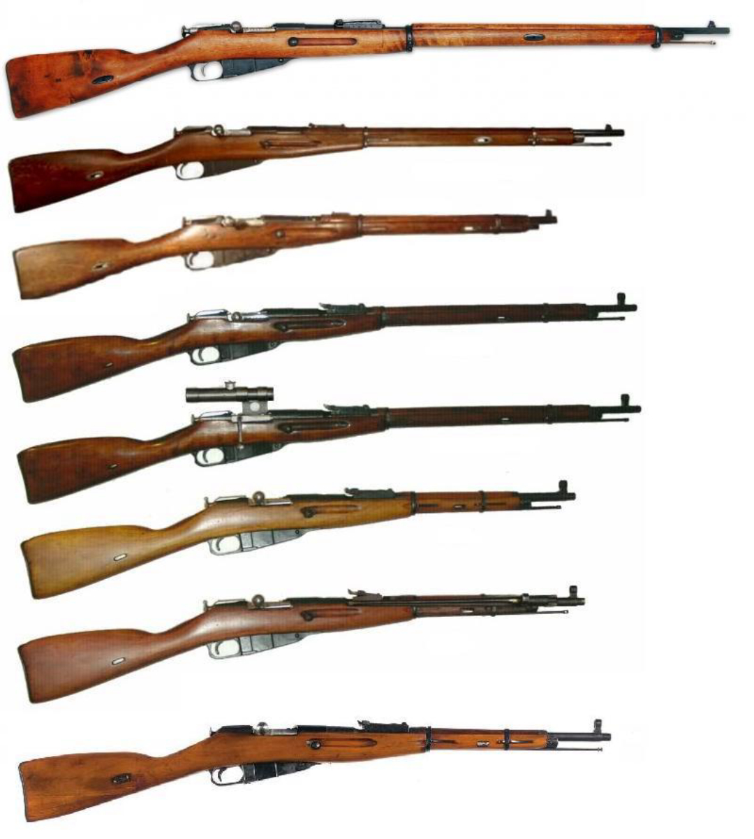 The Mosin–Nagant series of rifles. From top to bottom:
M1891 rifle
M1891 "Dragoon" rifle
M1907 carbine
M1891/30 rifle
M1891/30 sniper rifle with PU scope
M1938 carbine
M1944 carbine
M1959 carbine