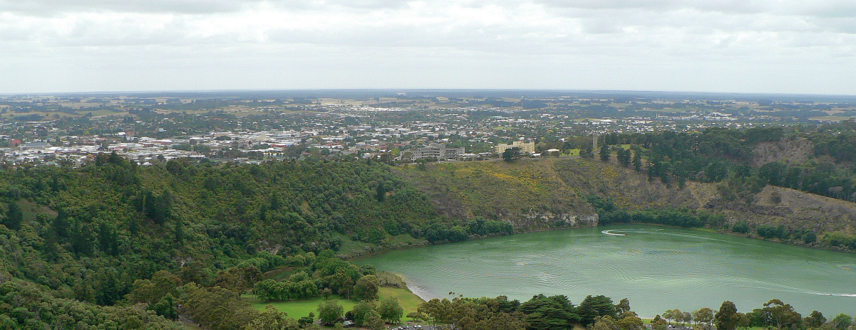 View north across Valley Lake and Marist Park to the eastern urban area of Mount Gambier from Centenary Tower