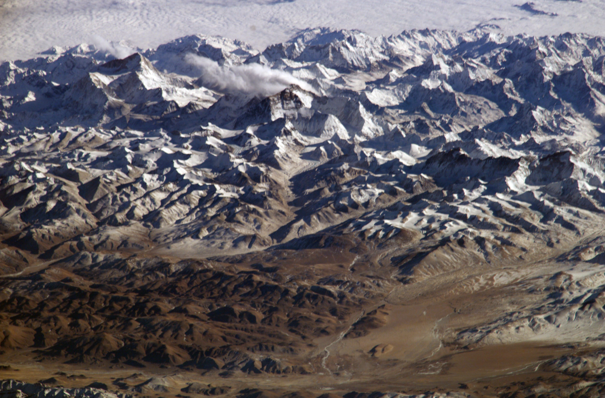 The <a href="/content/Himalayas" style="color:blue">Himalayas</a>, the highest mountain range on Earth, seen from space