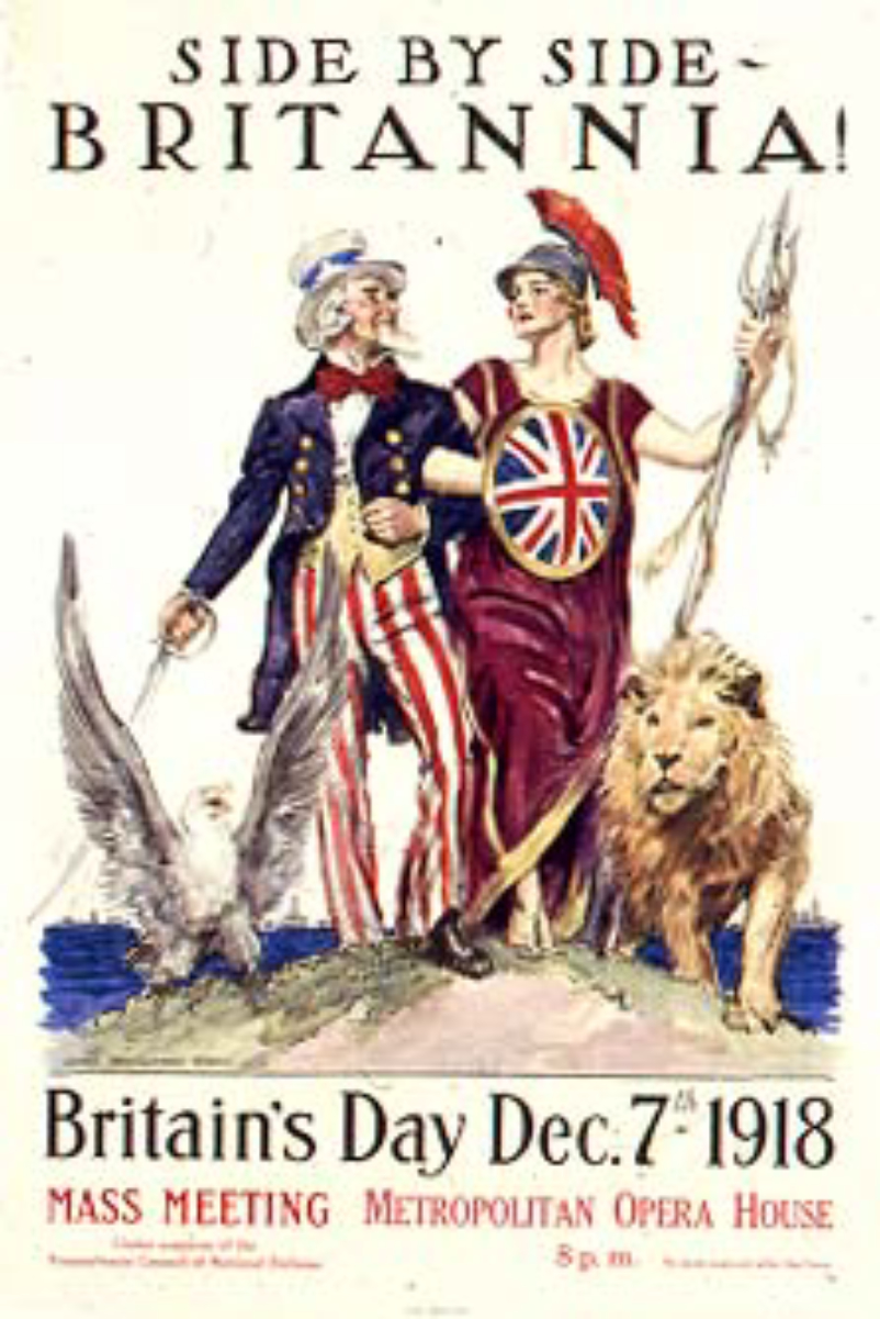 <a href="/content/Britannia_(emblem)" style="color:blue">Britannia</a> arm-in-arm with <a href="/content/Uncle_Sam" style="color:blue">Uncle Sam</a> symbolizes the British-American alliance in <a href="/content/World_War_I" style="color:blue">World War I</a>.