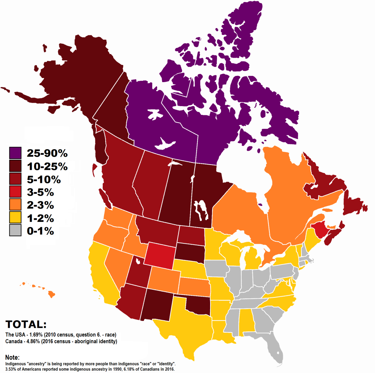 Native Americans % of population by <a href="/content/U.S._state" style="color:blue">U.S. state</a> and <a href="/content/Provinces_and_territories_of_Canada" style="color:blue">Canadian province/territory</a>