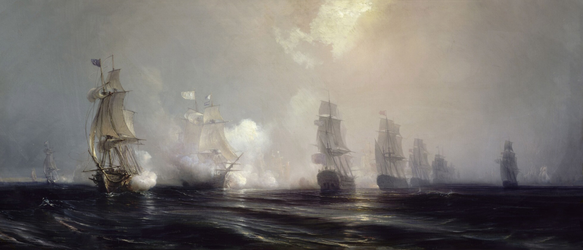 French and British ships battling on <a href="/content/Battle_of_the_Chesapeake" style="color:blue">the Chesapeake</a>, 3 September 1781