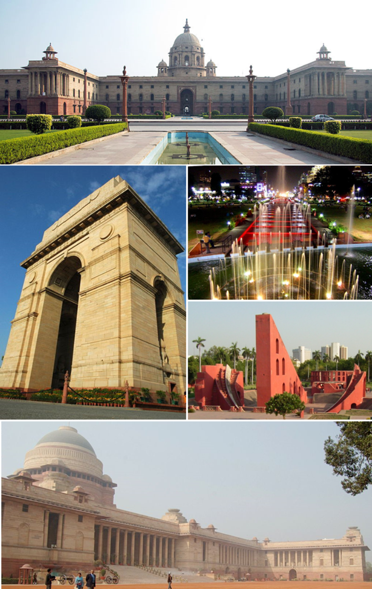 Clockwise from top left: <a href="/content/Secretariat_Building,_New_Delhi" style="color:blue">Secretariat Building</a>, <a href="/content/Connaught_Place,_New_Delhi" style="color:blue">Connaught Place</a>, <a href="/content/Jantar_Mantar,_New_Delhi" style="color:blue">Jantar Mantar</a>, <a href="/content/Rashtrapati_Bhavan" style="color:blue">Rashtrapati Bhavan</a>, <a href="/content/India_Gate" style="color:blue">India Gate</a>