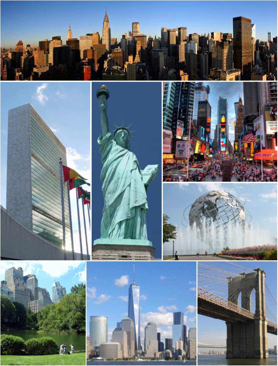 Clockwise, from top: <a href="/content/Midtown_Manhattan" style="color:blue">Midtown Manhattan</a>, <a href="/content/Times_Square" style="color:blue">Times Square</a>, the <a href="/content/Unisphere" style="color:blue">Unisphere</a>, the <a href="/content/Brooklyn_Bridge" style="color:blue">Brooklyn Bridge</a>, <a href="/content/Lower_Manhattan" style="color:blue">Lower Manhattan</a> with <a href="/content/One_World_Trade_Center" style="color:blue">One World Trade Center</a>, <a href="/content/Central_Park" style="color:blue">Central Park</a>, the <a href="/content/Headquarters_of_the_United_Nations" style="color:blue">headquarters of the United Nations</a>, and the <a href="/content/Statue_of_Liberty" style="color:blue">Statue of Liberty</a>