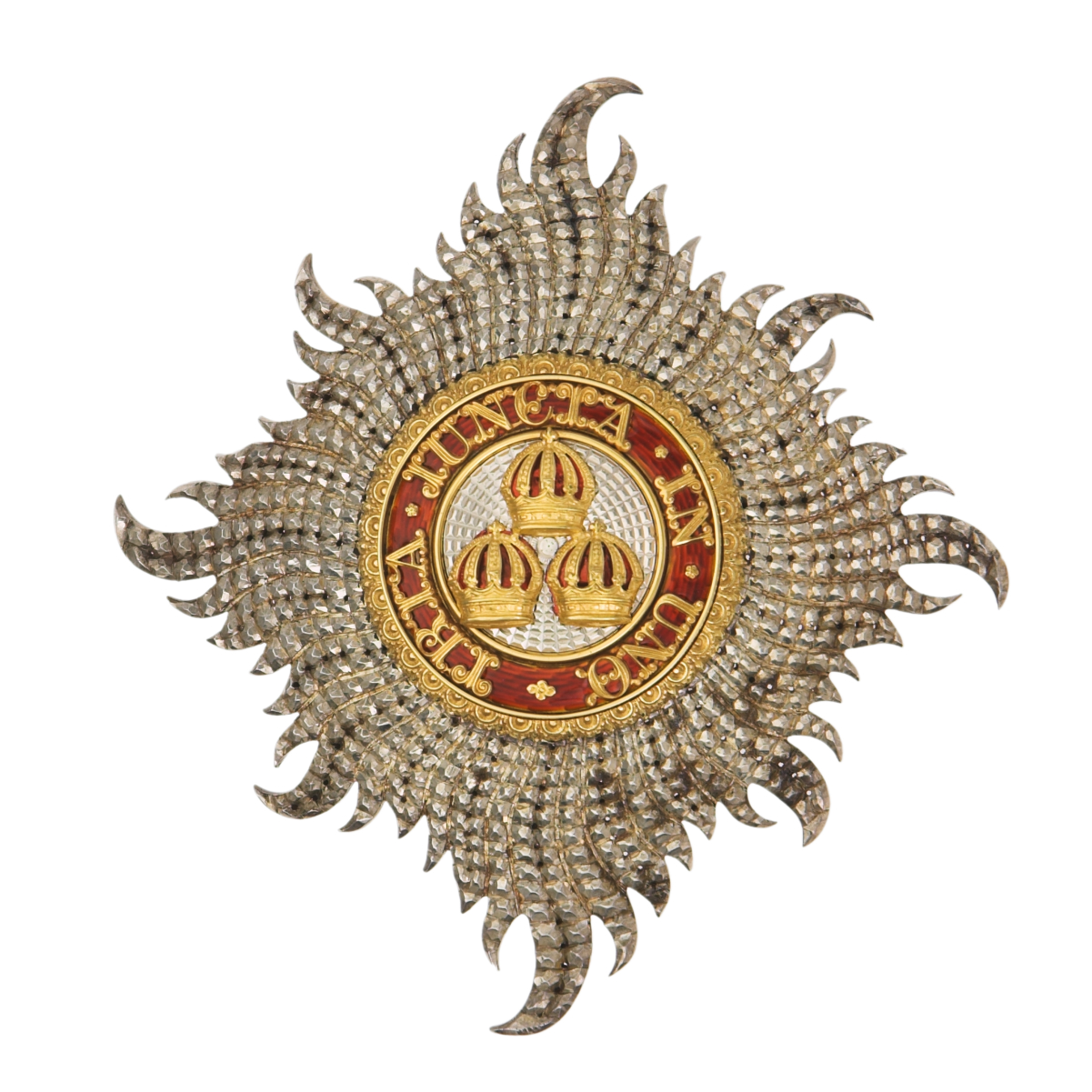 Civil Knight Grand Cross Star of The Most Honourable Order of the Bath: <i>"Rays of silver issuing from a centre and charged with three Imperial Crowns, one and two, within a circle gules whereon inscribed the motto of the Order in gold"</i> <sup><a href="undefined" style="color:blue">[1]</a></sup>
