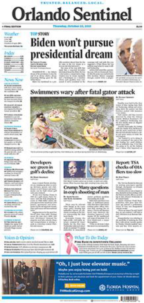 The October 22, 2015, front page of the<i>Orlando Sentinel</i>