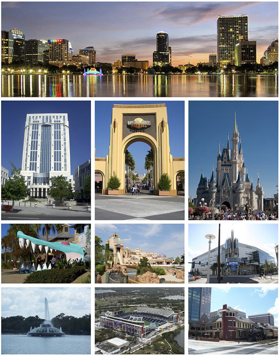 <b>Top row:</b> <a href="/content/Downtown_Orlando" style="color:blue">Downtown Orlando</a>; <b>2nd row:</b> <a href="/content/Orange_County_Courthouse_(Florida)" style="color:blue">Orange County Courthouse</a>, <a href="/content/Universal_Studios_Florida" style="color:blue">Universal Studios Florida</a>, <a href="/content/Cinderella_Castle" style="color:blue">Cinderella Castle</a> at <a href="/content/Walt_Disney_World" style="color:blue">Walt Disney World</a>; <b>3rd row:</b> <a href="/content/Gatorland" style="color:blue">Gatorland</a>, <a href="/content/SeaWorld_Orlando" style="color:blue">SeaWorld Orlando</a>, <a href="/content/Amway_Center" style="color:blue">Amway Center</a>; <b>4th row:</b> <a href="/content/Lake_Eola_Park" style="color:blue">Linton E. Allen Memorial Fountain</a>, <a href="/content/Camping_World_Stadium" style="color:blue">Camping World Stadium</a>, <a href="/content/Church_Street_Station_(Orlando)" style="color:blue">Church Street Station</a>