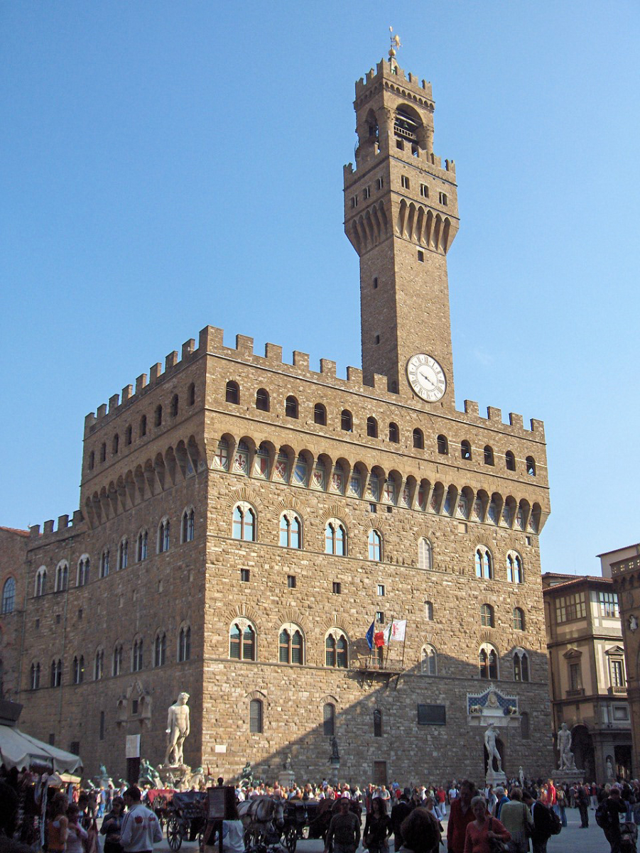 Palazzo Vecchio overlooks <a href="/content/Piazza_della_Signoria" style="color:blue">Piazza della Signoria</a>