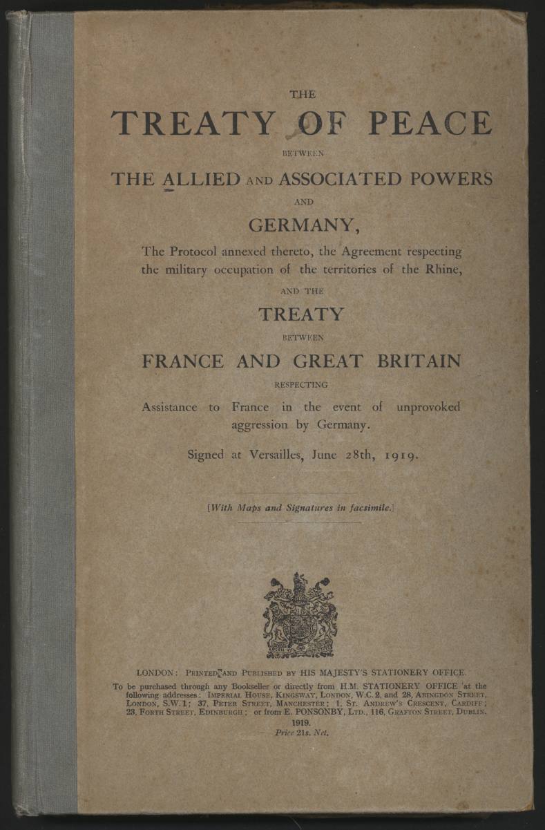 <a href="/content/The_Treaty_of_Versailles" style="color:blue">The Treaty of Versailles</a>, signed at the conclusion of <a href="/content/World_War_I" style="color:blue">World War I</a>