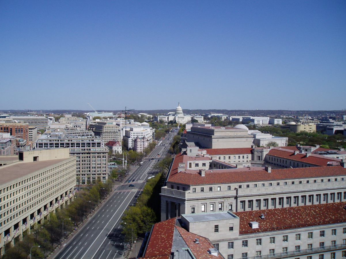 Looking southeast down Pennsylvania Avenue, <a href="/content/Northwest,_Washington,_D.C." style="color:blue">NW</a> towards the <a href="/content/United_States_Capitol" style="color:blue">United States Capitol</a> seen here from the <a href="/content/Old_Post_Office_Pavilion" style="color:blue">Old Post Office Pavilion</a>.