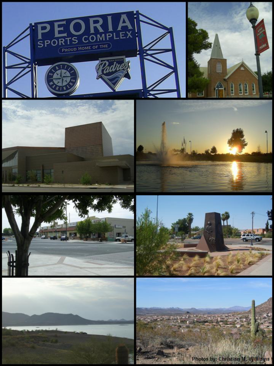 <b>Images, from top, left to right:</b> <a href="/content/Peoria_Sports_Complex" style="color:blue">Peoria Sports Complex</a> sign, Peoria Presbyterian Church, <a href="/content/Peoria_Center_for_the_Performing_Arts" style="color:blue">Peoria Center for the Performing Arts</a>, Rio Vista Community Park, Old Town Peoria, Pioneer Memorial Statue, <a href="/content/Lake_Pleasant_Regional_Park" style="color:blue">Lake Pleasant Regional Park</a>, WestWing neighborhood