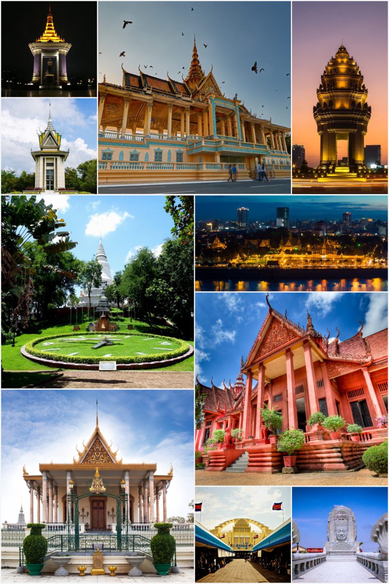 <a href="/content/Royal_Palace,_Phnom_Penh" style="color:blue">Royal Palace</a>, <a href="/content/Independence_Monument,_Phnom_Penh" style="color:blue">Independence Monument</a>, <a href="/content/Sisowath_Quay" style="color:blue">Sisowath Quay</a>, <a href="/content/National_Museum_of_Cambodia" style="color:blue">National Museum</a>, <a href="/content/Bayon" style="color:blue">Bayon</a>, <a href="/content/Central_Market,_Phnom_Penh" style="color:blue">Central Market</a>, <a href="/content/Silver_Pagoda,_Phnom_Penh" style="color:blue">Silver Pagoda</a>, <a href="/content/Wat_Phnom" style="color:blue">Wat Phnom</a>, <a href="/content/Choeung_Ek" style="color:blue">Choeung Ek</a>, <a href="/content/Norodom_Sihanouk_Memorial" style="color:blue">Norodom Sihanouk Memorial</a>