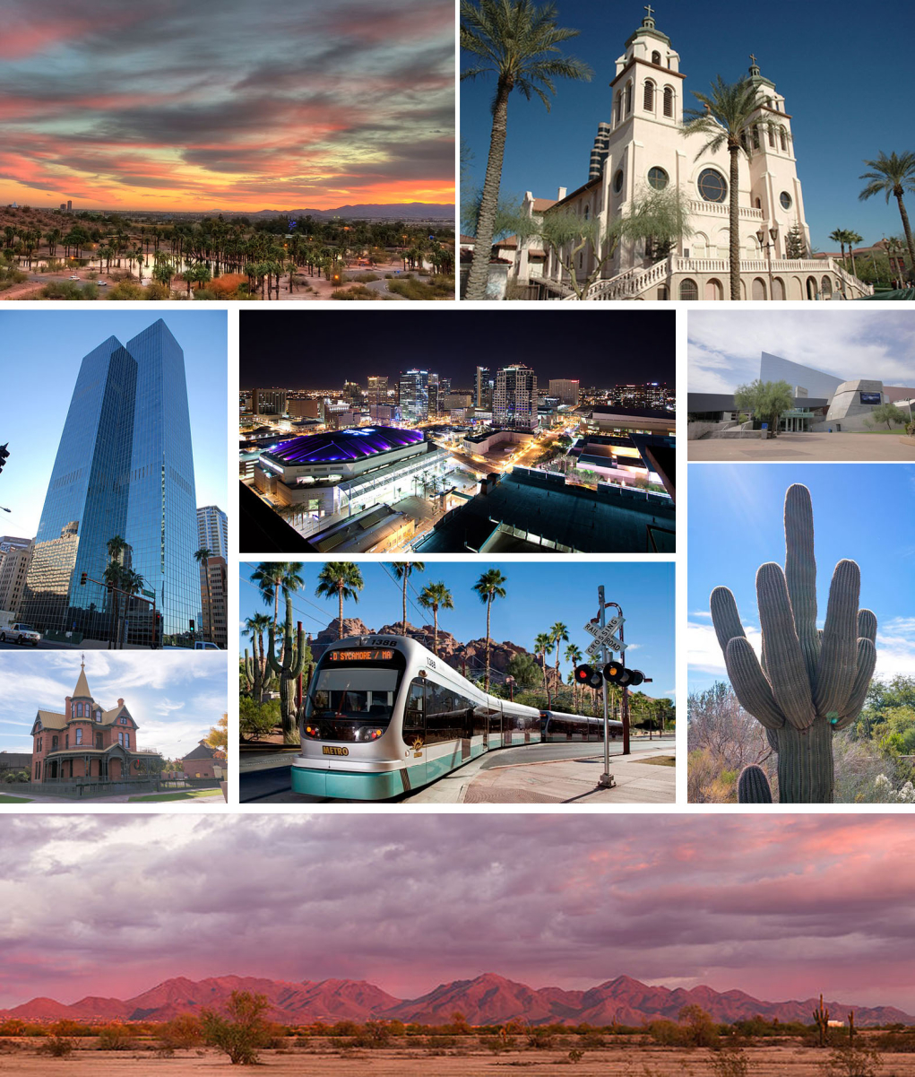 Images, from top, left to right: <a href="/content/Papago_Park" style="color:blue">Papago Park</a>, <a href="/content/St._Mary%27s_Basilica_(Phoenix)" style="color:blue">Saint Mary's Basilica</a>, <a href="/content/Chase_Tower_(Phoenix)" style="color:blue">Chase Tower</a>, <a href="/content/Downtown_Phoenix" style="color:blue">Downtown</a>, <a href="/content/Arizona_Science_Center" style="color:blue">Arizona Science Center</a>, <a href="/content/Rosson_House" style="color:blue">Rosson House</a>, the <a href="/content/Valley_Metro_Rail" style="color:blue">light rail</a>, a <a href="/content/Saguaro" style="color:blue">Saguaro</a> cactus, and the <a href="/content/McDowell_Mountains" style="color:blue">McDowell Mountains</a>