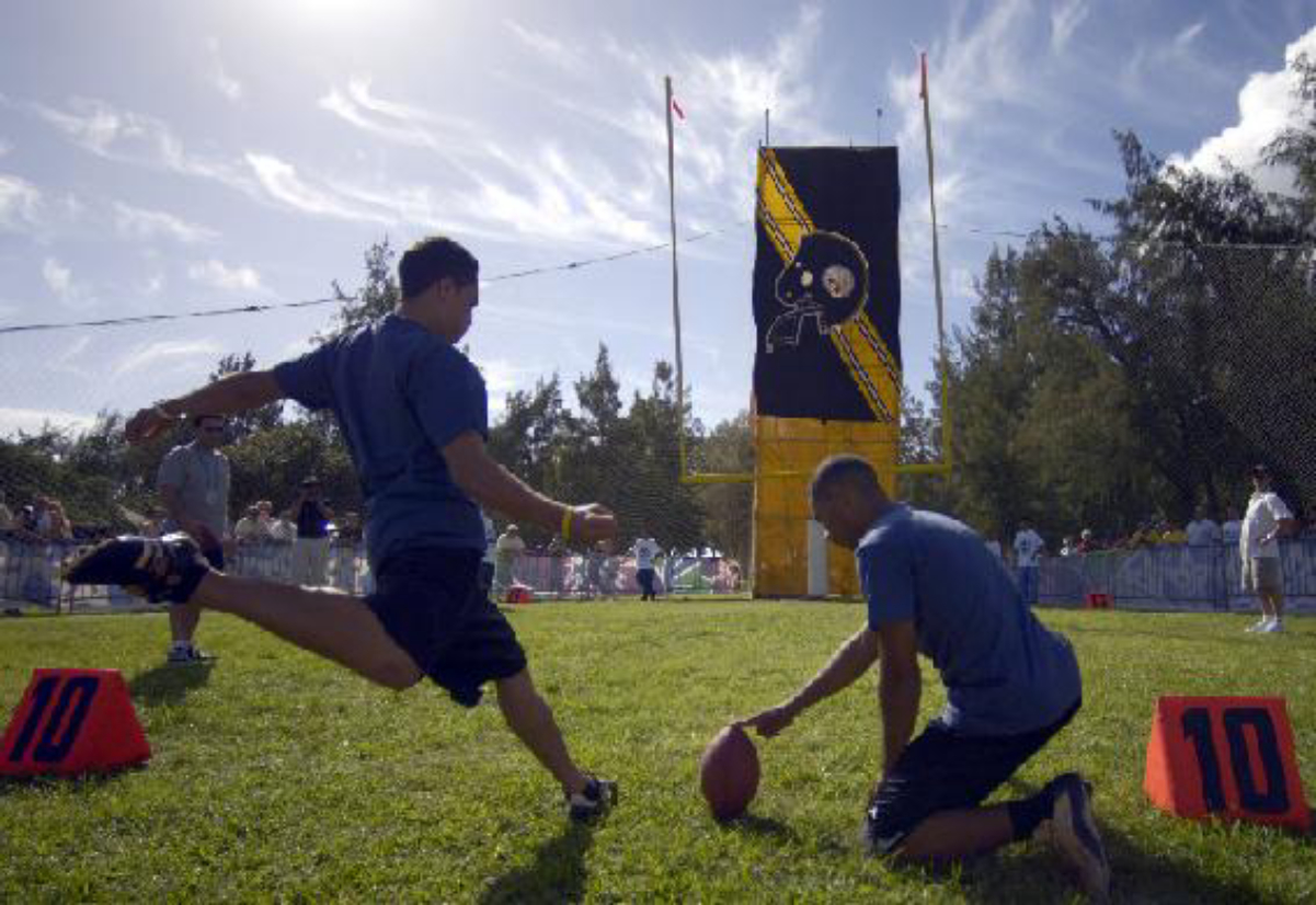 An amateur placekicker attempts to kick a <a href="/content/Field_goal_(football)" style="color:blue">field goal.</a>