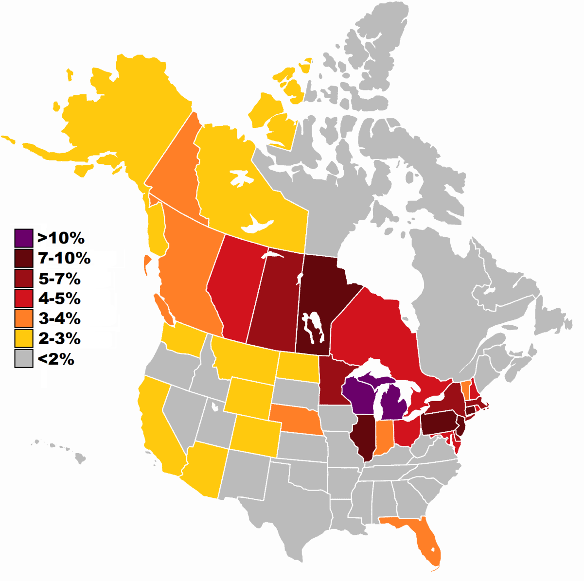 Polish Americans as % of population by state