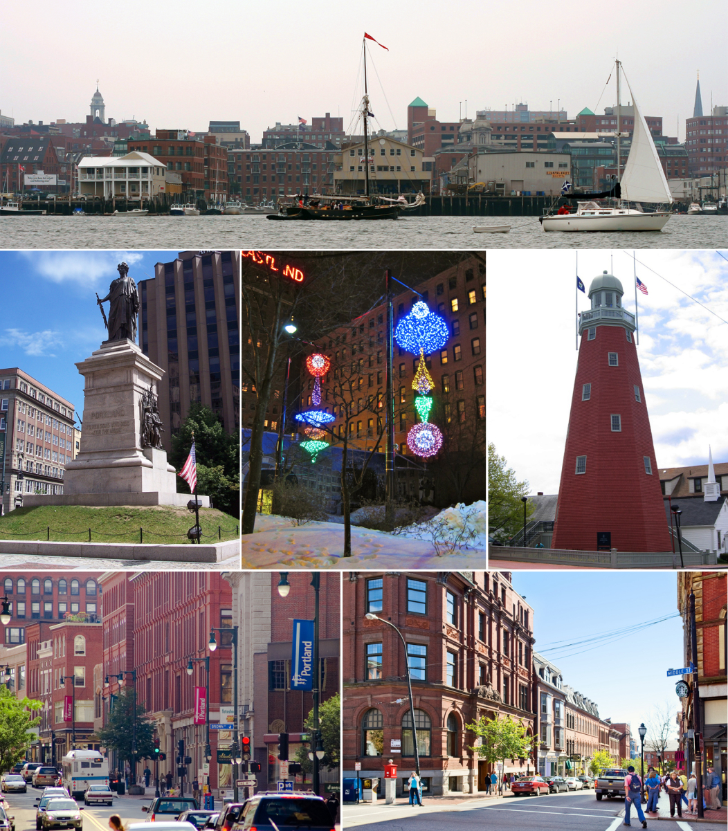 Clockwise: Portland waterfront, the <a href="/content/Portland_Observatory" style="color:blue">Portland Observatory</a> on <a href="/content/Munjoy_Hill" style="color:blue">Munjoy Hill</a>, the corner of Middle and Exchange Street in the <a href="/content/Old_Port" style="color:blue">Old Port</a>, Congress Street, the Civil War Memorial in Monument Square, and winter light sculptures in Congress Square Plaza.