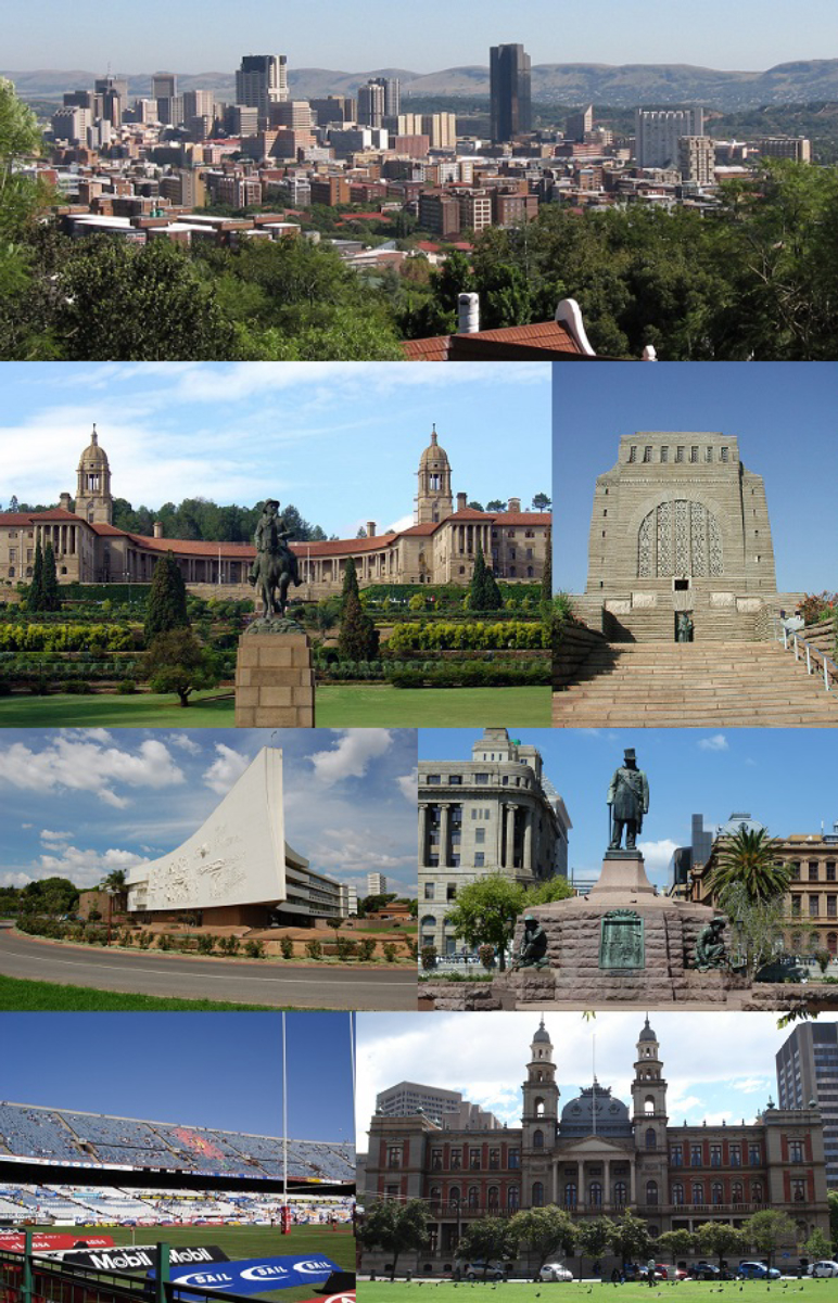 Clockwise from top left: Pretoria CBD skyline, <a href="/content/Voortrekker_Monument" style="color:blue">Voortrekker Monument</a>, <a href="/content/Church_Square,_Pretoria" style="color:blue">Church Square</a>, the <a href="/content/Palace_of_Justice_(South_Africa)" style="color:blue">Palace of Justice</a>, <a href="/content/Loftus_Versfeld_Stadium" style="color:blue">Loftus Versfeld Stadium</a>, Administration Building of the <a href="/content/University_of_Pretoria" style="color:blue">University of Pretoria</a> and Front view of the <a href="/content/Union_Buildings" style="color:blue">Union Buildings</a>.
