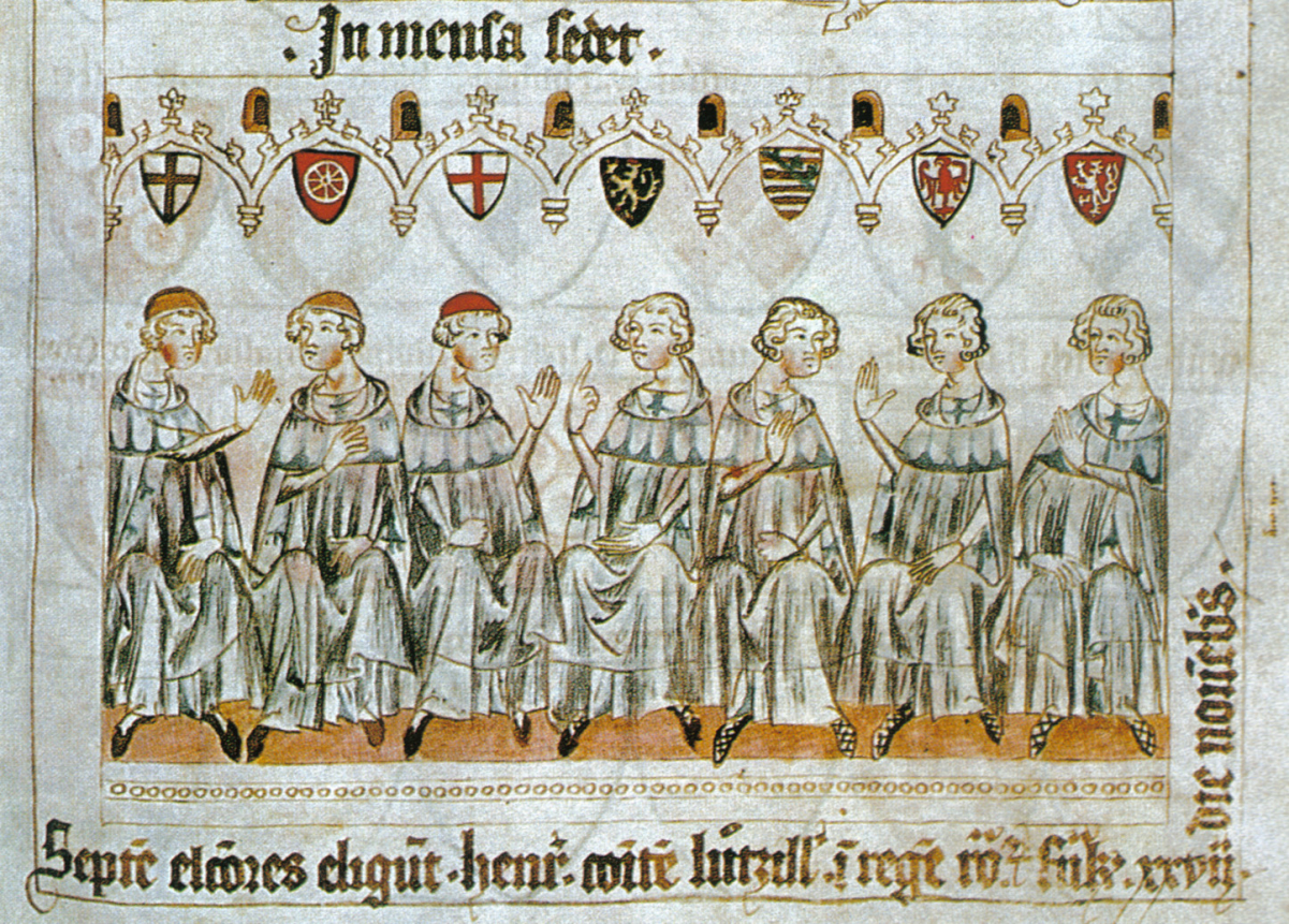 Illustration from the 1341 <i><a href="/content/Codex_Balduini_Trevirorum" style="color:blue">Codex Balduini Trevirorum</a></i> showing the electors in deliberation (left to right: Archbishop of Cologne, Archbishop of Mainz, Archbishop of Trier, Count Palatine of the Rhine, Duke of Saxony, Margrave of Brandenburg and King of Bohemia).