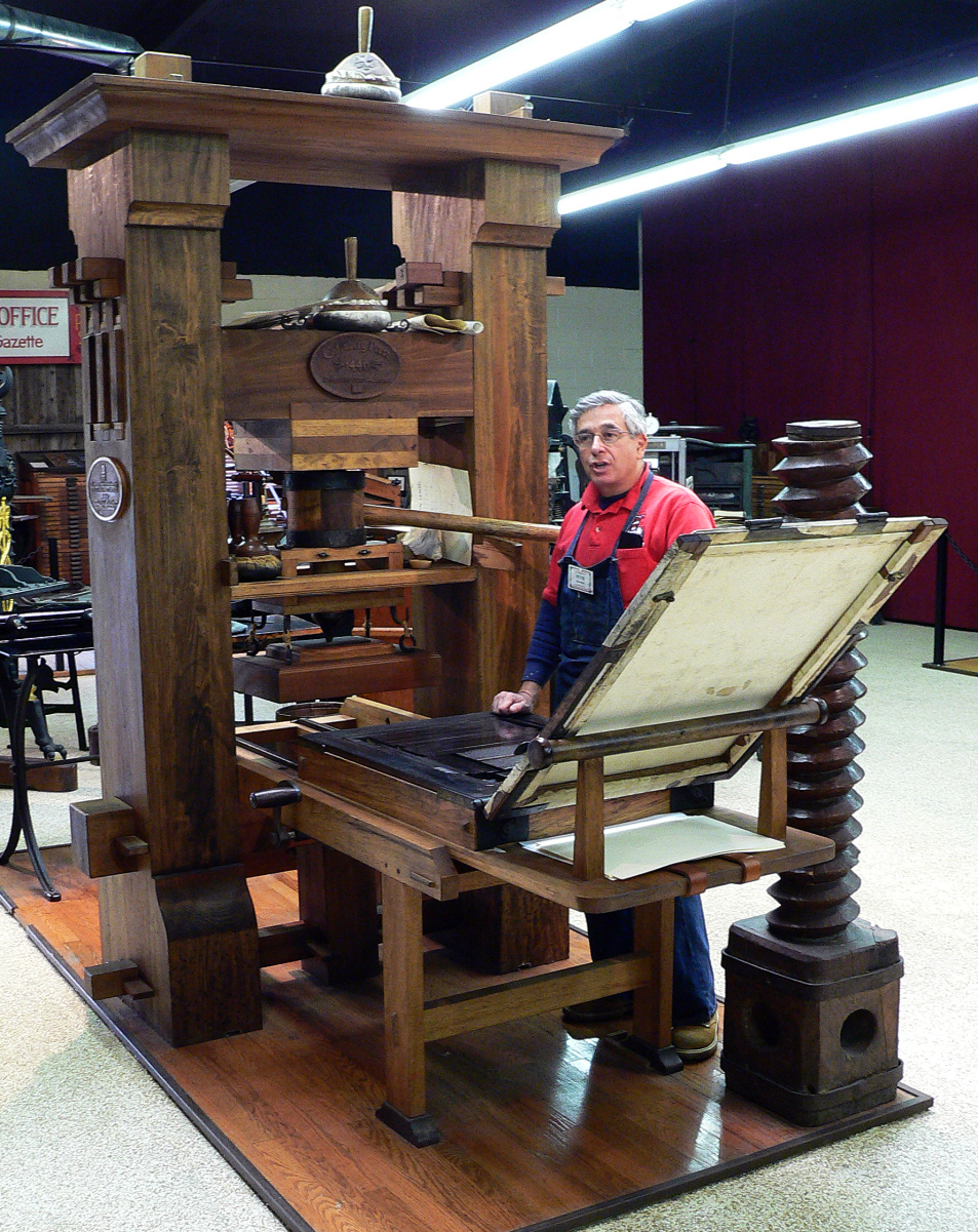 Recreated <a href="/content/Johannes_Gutenberg" style="color:blue">Gutenberg</a> press at the <a href="/content/International_Printing_Museum" style="color:blue">International Printing Museum</a>, Carson, California