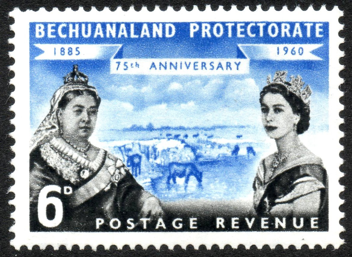 1960 stamp of <a href="/content/Bechuanaland_Protectorate" style="color:blue">Bechuanaland Protectorate</a> with the portraits of <a href="/content/Queen_Victoria" style="color:blue">Queen Victoria</a> and <a href="/content/Elizabeth_II" style="color:blue">Queen Elizabeth II</a>