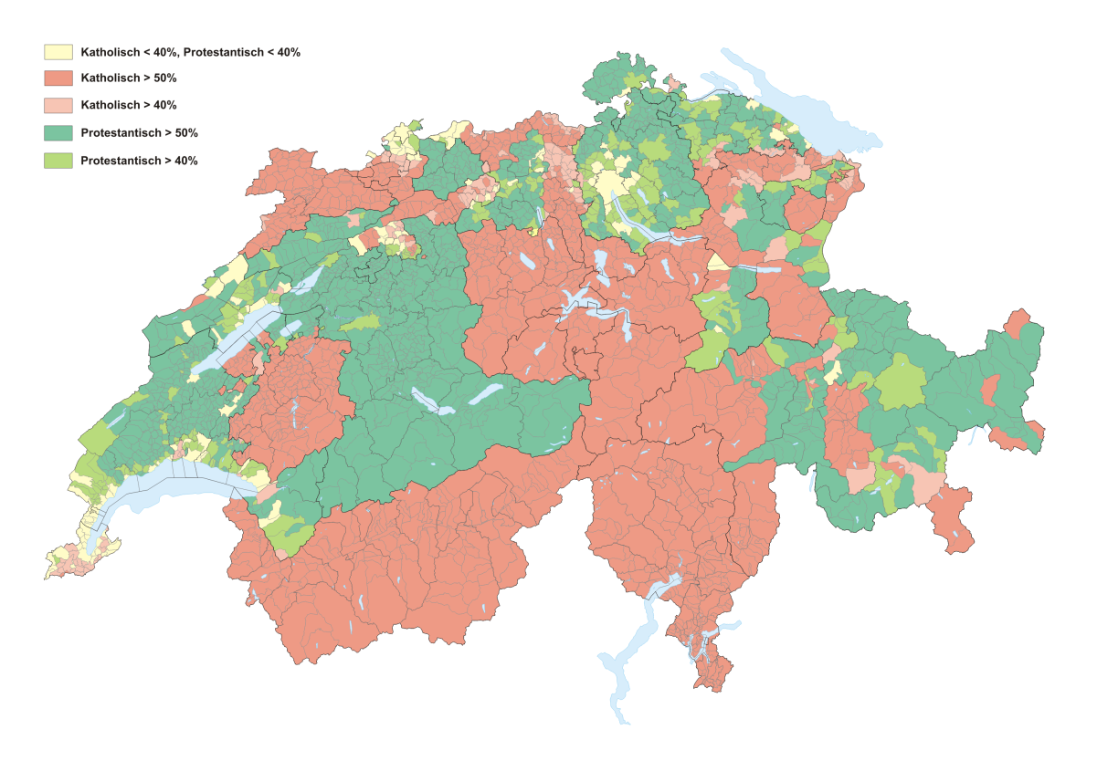 Distribution of denominations in Switzerland in 2008 (green: Protestant, red: <a href="/content/Roman_Catholicism_in_Switzerland" style="color:blue">Roman Catholic</a>)